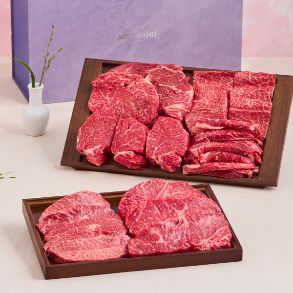 (신선집중) 1++NO.9 등급 한우 선물세트 1.4kg 구이모듬 등심 채끝 갈비살 부채살 시그니처2호 x2